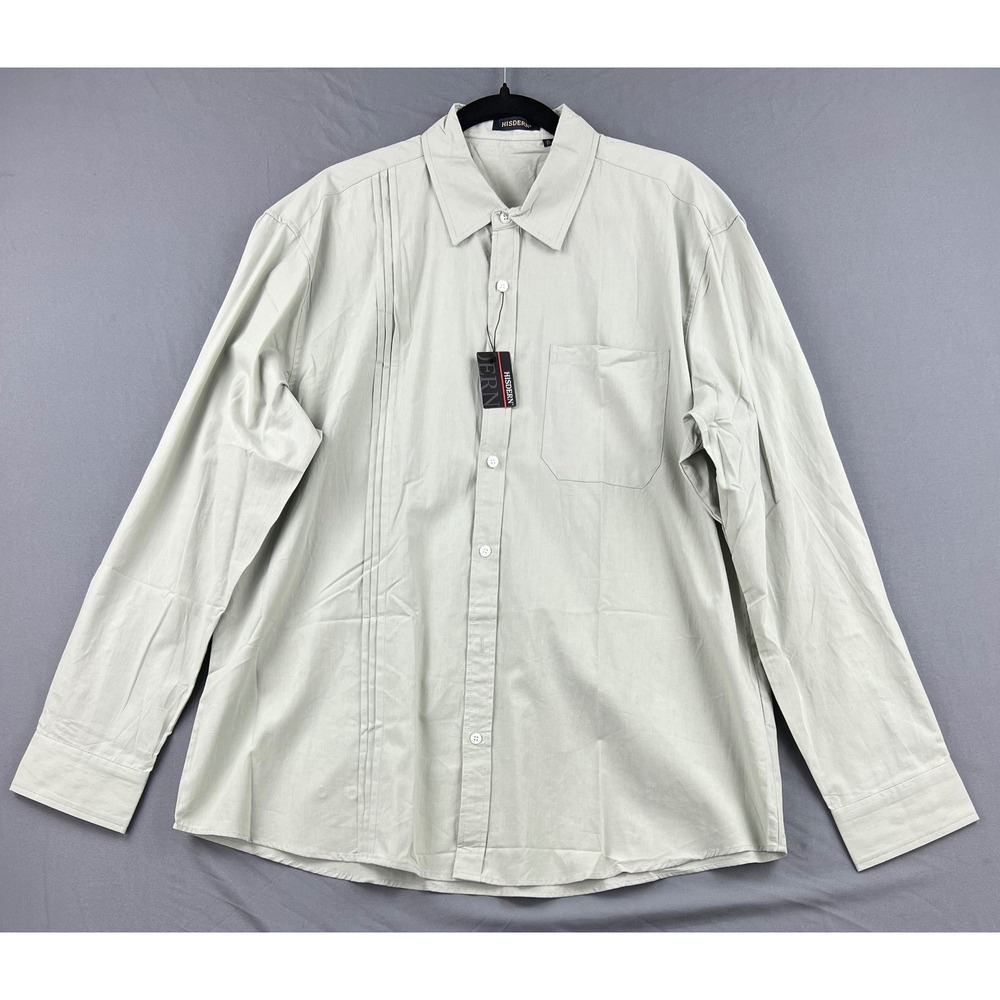 Hisdern Button Down Shirt Mens XL Green NWT Long Sleeve Pleated Casual Pocket